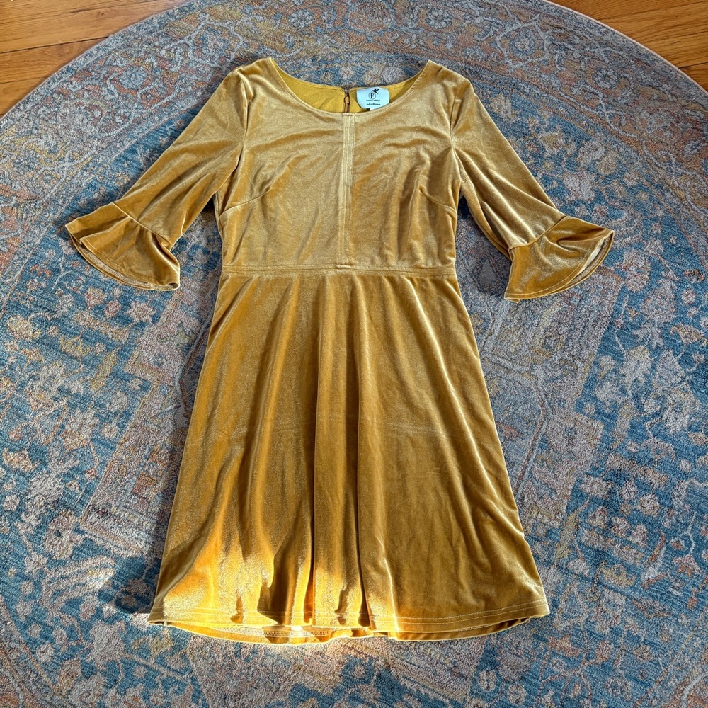 Farmhouse Design Velvet Mustard Bell Sleeve Dress